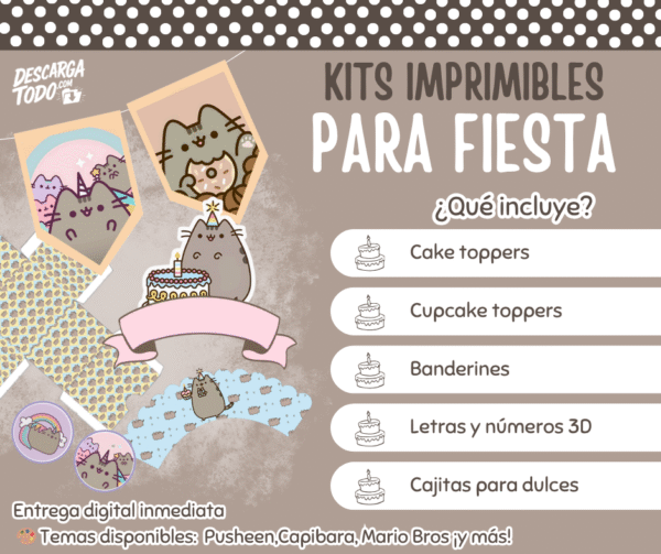Kit Imprimible Pusheen - Decoración para Fiesta en PDF